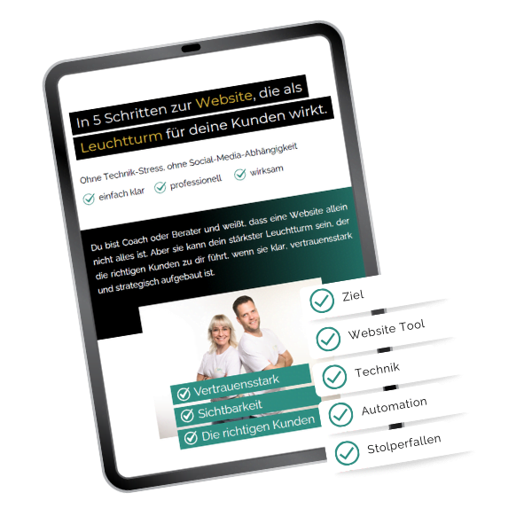 Tablet mit Auszug aus dem CPS Website Navigator mit dem Text-Overlay: Ziel, Website Tool, Technik, Automation, Stolperfallen".