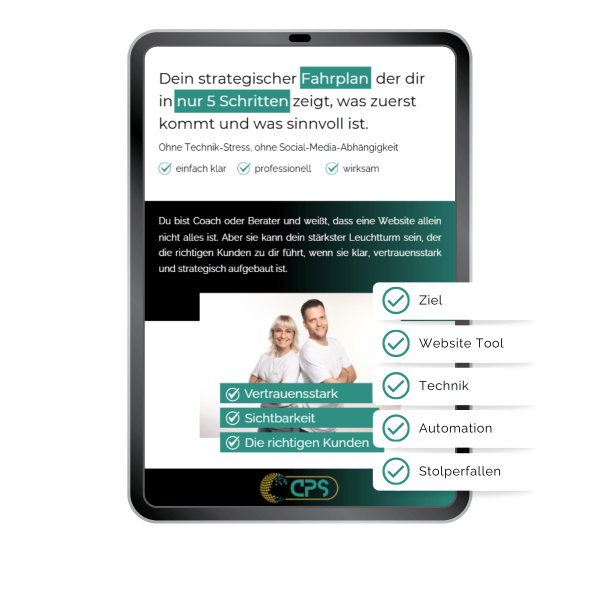 Tablet mit Auszug aus dem CPS Website Navigator mit dem Text-Overlay: Ziel, Website Tool, Technik, Automation, Stolperfallen".