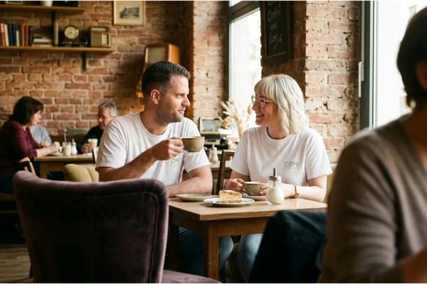Caro und Pascal von der CPS Web Lounge im Gespräch bei einem Kaffee über die richtige Strategie für den Online Business Aufbau.