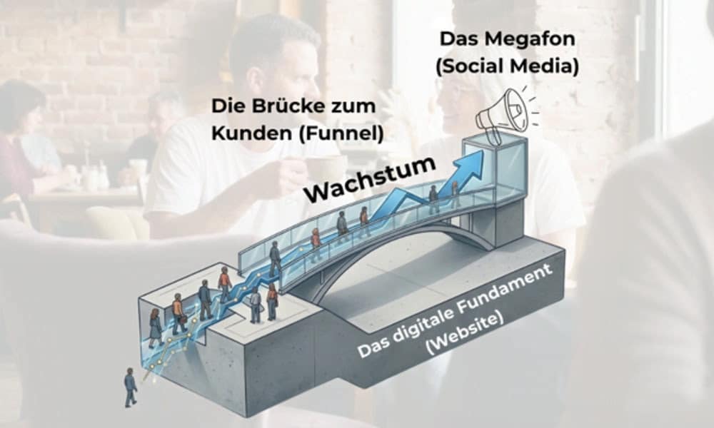 Online Business Aufbau Grafik mit Website Funnel und Social Media Strategie