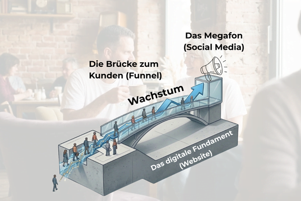 Infografik zum strukturierten Online Business Aufbau: Website als digitales Fundament, Funnel als Brücke zum Kunden und Social Media als Megafon.
