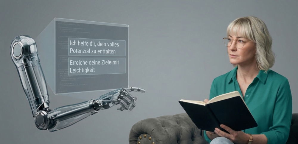 Caro von CPS Web Solutions hält nachdenklich ein Buch, während eine Roboter-Hand zeigt, wie einfach man eine website mit ki erstellen kann. Das Bild illustriert die Gefahr, dabei die eigene Authentizität zu verlieren.