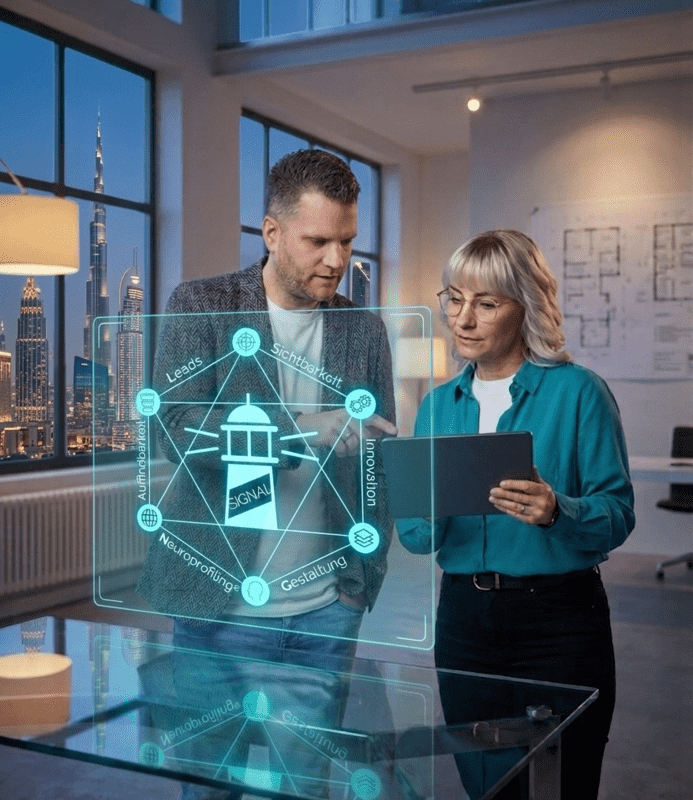 Pascal von CPS Web Solutions erklärt das SIGNAL-System für eine verkaufspsychologische Website. Die Grafik zeigt die sechs Säulen: Leads, Sichtbarkeit, Innovation, Gestaltung, Neuroprofiling und Auffindbarkeit.