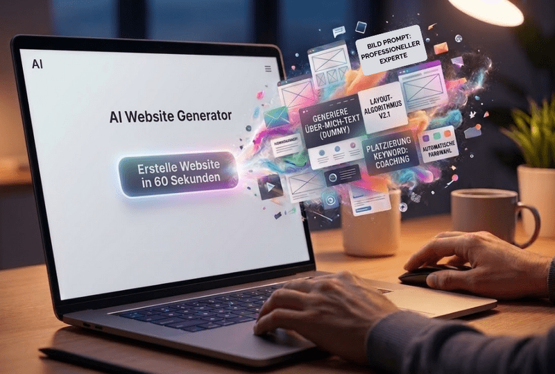 Ein Laptop zeigt einen AI Website Generator mit dem Button "Erstelle Website in 60 Sekunden". Aus dem Bildschirm schweben automatisierte Elemente wie Dummy-Texte und Layout-Algorithmen. Die Grafik warnt davor, eine Website mit KI erstellen zu lassen, ohne auf individuelle Verkaufspsychologie zu achten.