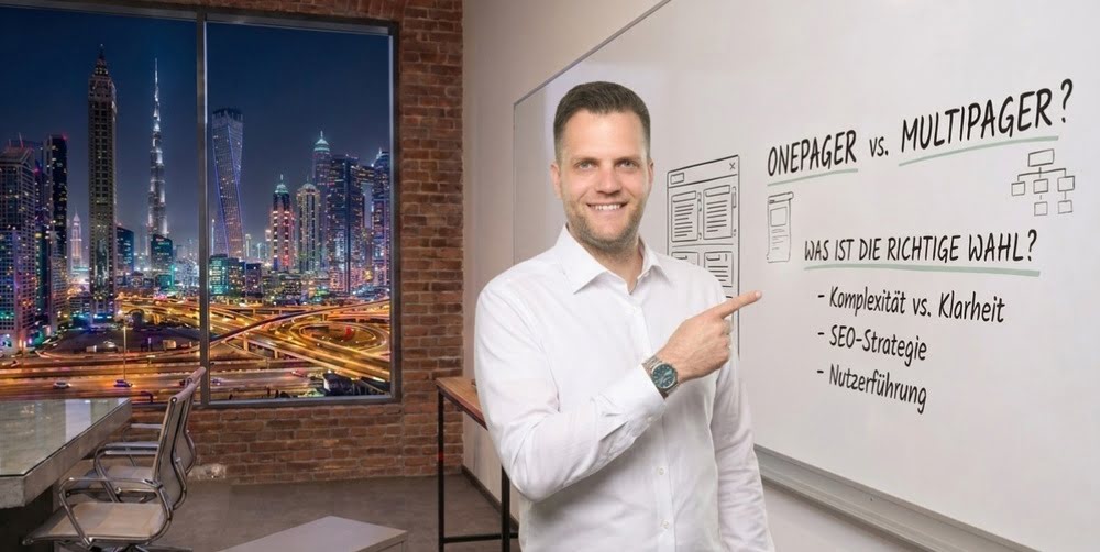 Pascal erklärt Vorteile einer professionellen Website für Coaches am Board