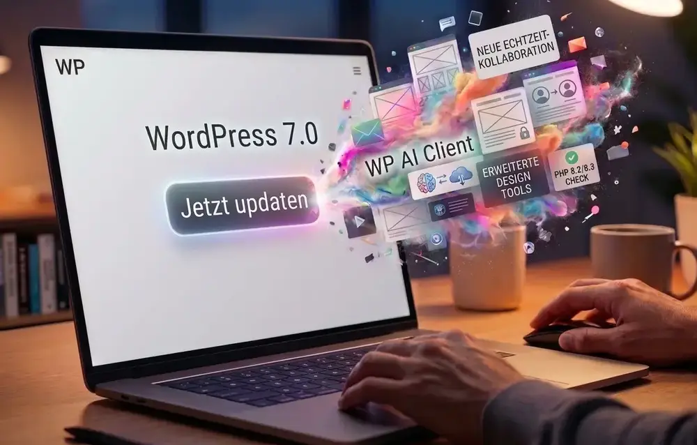 Person installiert das WordPress 7.0 Update am Laptop