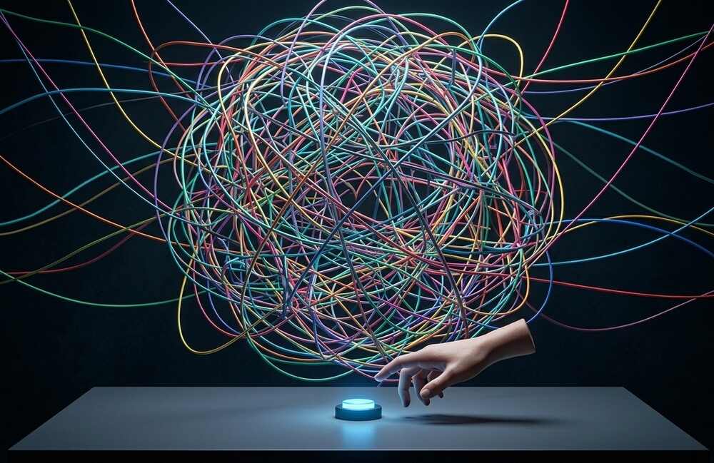 Verwirrender Kabelsalat über einem Button als Symbol für eine mangelhafte Website Struktur.