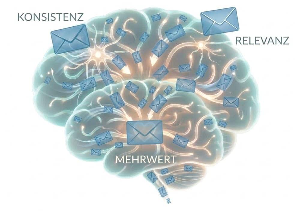 E-Mail Marketing Grafik: Gehirn mit den Prinzipien Konsistenz, Relevanz und Mehrwert.