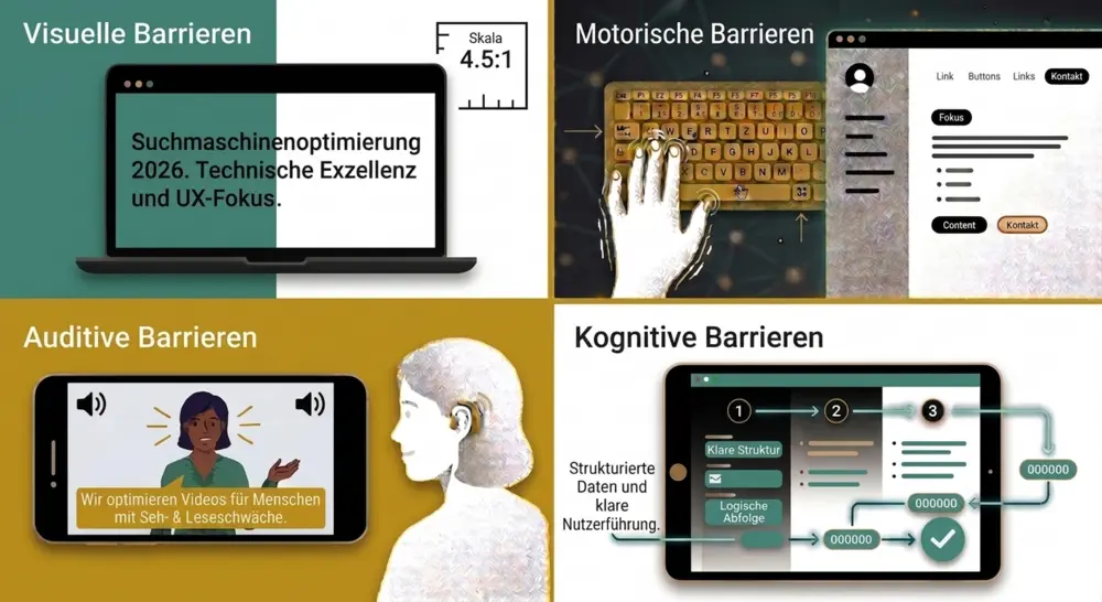 Infografik „barrierefreie Website“: Abbau visueller, motorischer und kognitiver Barrieren.