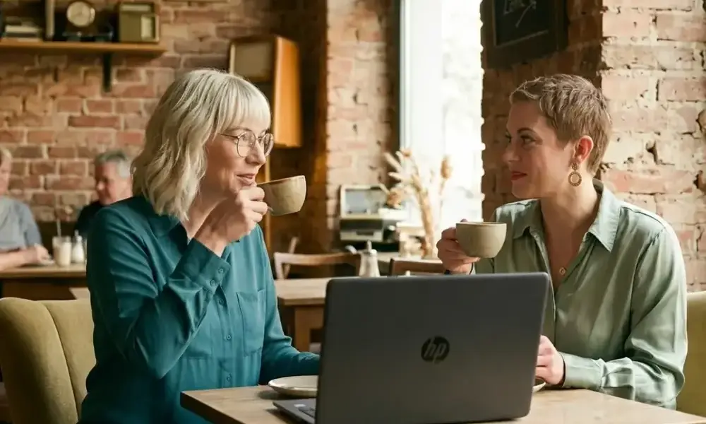 Strategische Positionierung von Caro bei der Beratung eines Kunden am Laptop