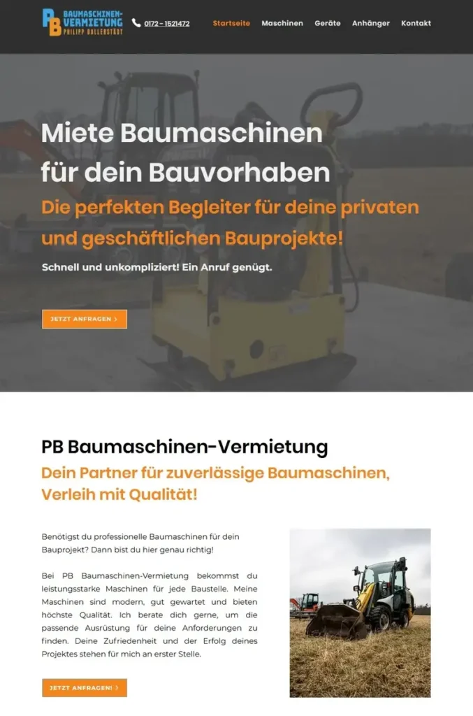 Website-Auszug von PB Baumaschinen-Vermietung