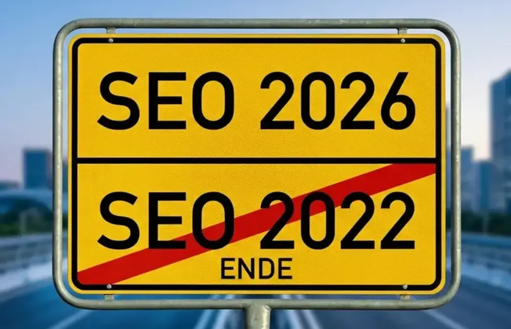 Moderne Suchmaschinenoptimierung 2026: Ortsschild zeigt Strategiewechsel von SEO 2022 zu 2026.