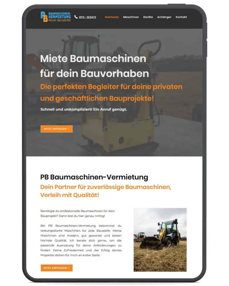 Website Auszug von PB Baumaschinenvermietung