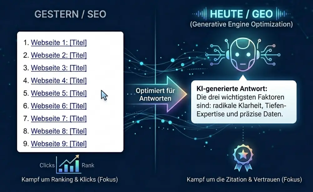 Generative Engine Optimization: Wandel von der klassischen SEO-Linkliste zur KI-generierten Antwort.