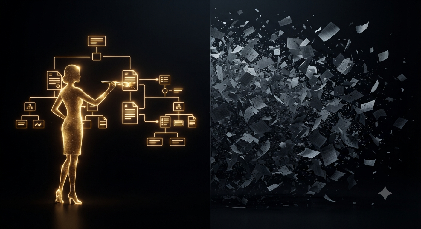 Content Marketing: Goldene Silhouette strukturiert Inhalte gegen das Chaos der Informationsflut.