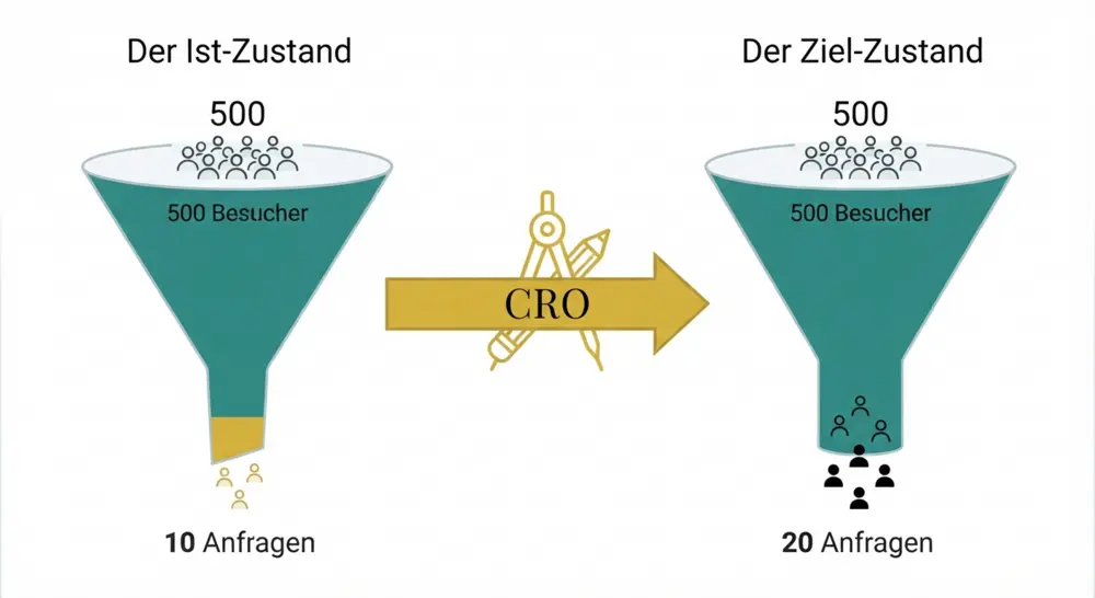 Conversion Rate Optimierung: Trichter-Vergleich steigert Anfragen von 10 auf 20 bei gleichem Traffic.