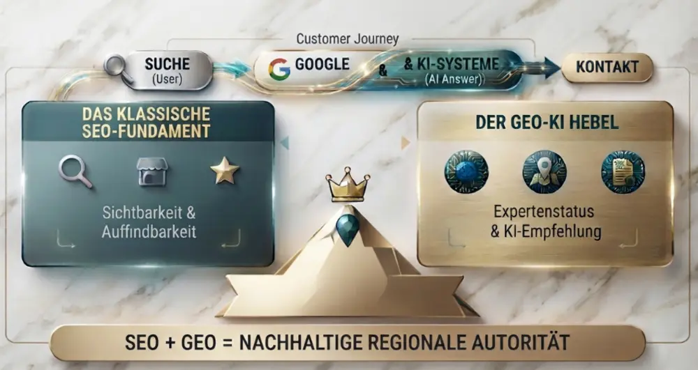 Grafik zur SEO und GEO Strategie für mehr lokale Sichtbarkeit und Autorität