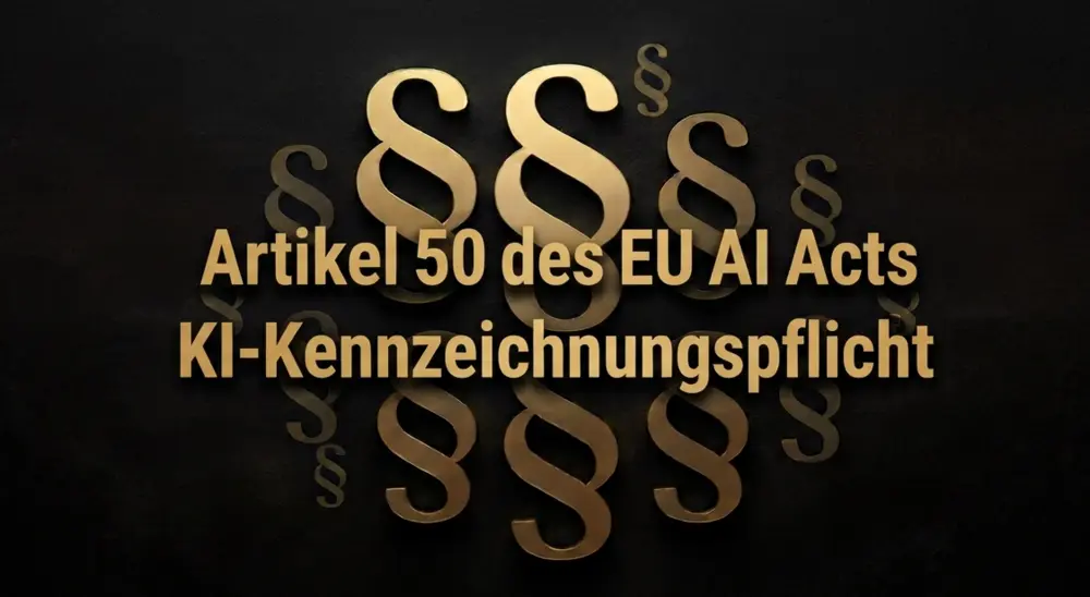 Goldene Paragraphenzeichen umgeben den Text: Artikel 50 des EU AI Acts KI-Kennzeichnungspflicht.