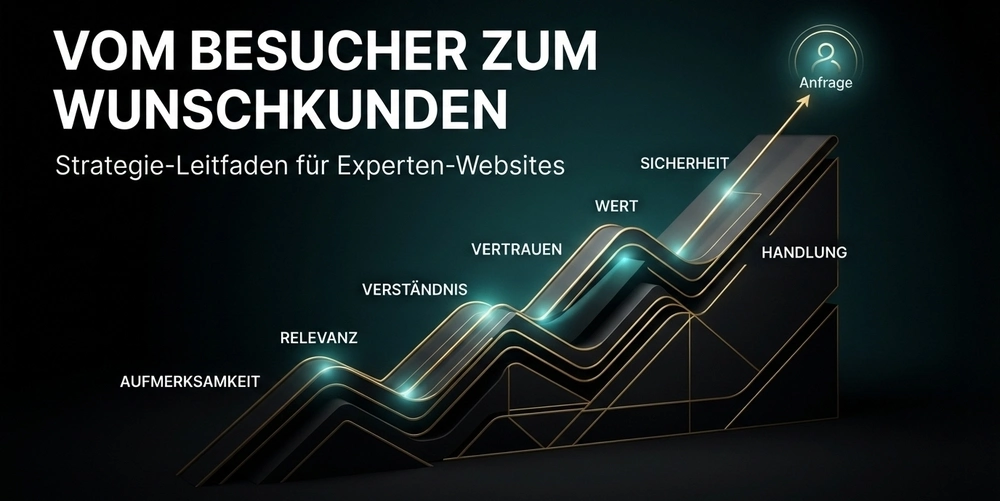 Grafik: Verkaufsstarke Website für Experten – strategischer Weg von der Aufmerksamkeit zur Anfrage.
